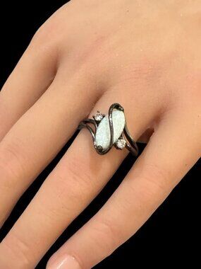 Simulated Opal Ring With Elegant Swirl Design & Accents Size 8 Sterling Silver